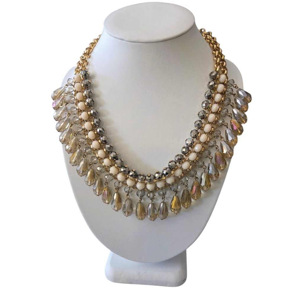 Gold Tone Necklace Faceted Beads Beaded Dangling Teardrop Crystals Multi-strand